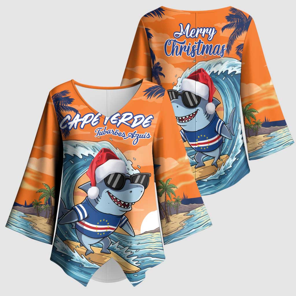 Christmas Cape Verde Kimono Sleeve Blouse Funny Shark Surfing