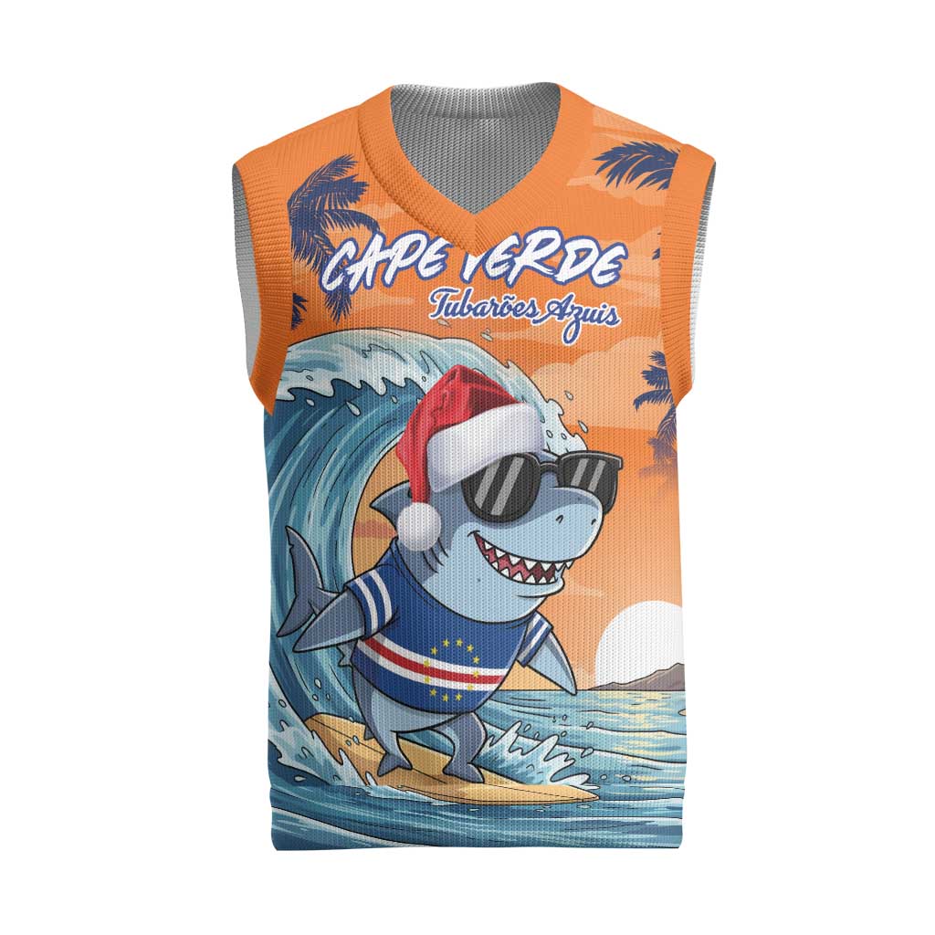 Christmas Cape Verde Christmas Knitted V-Neck Vest Funny Shark Surfing - African Pride
