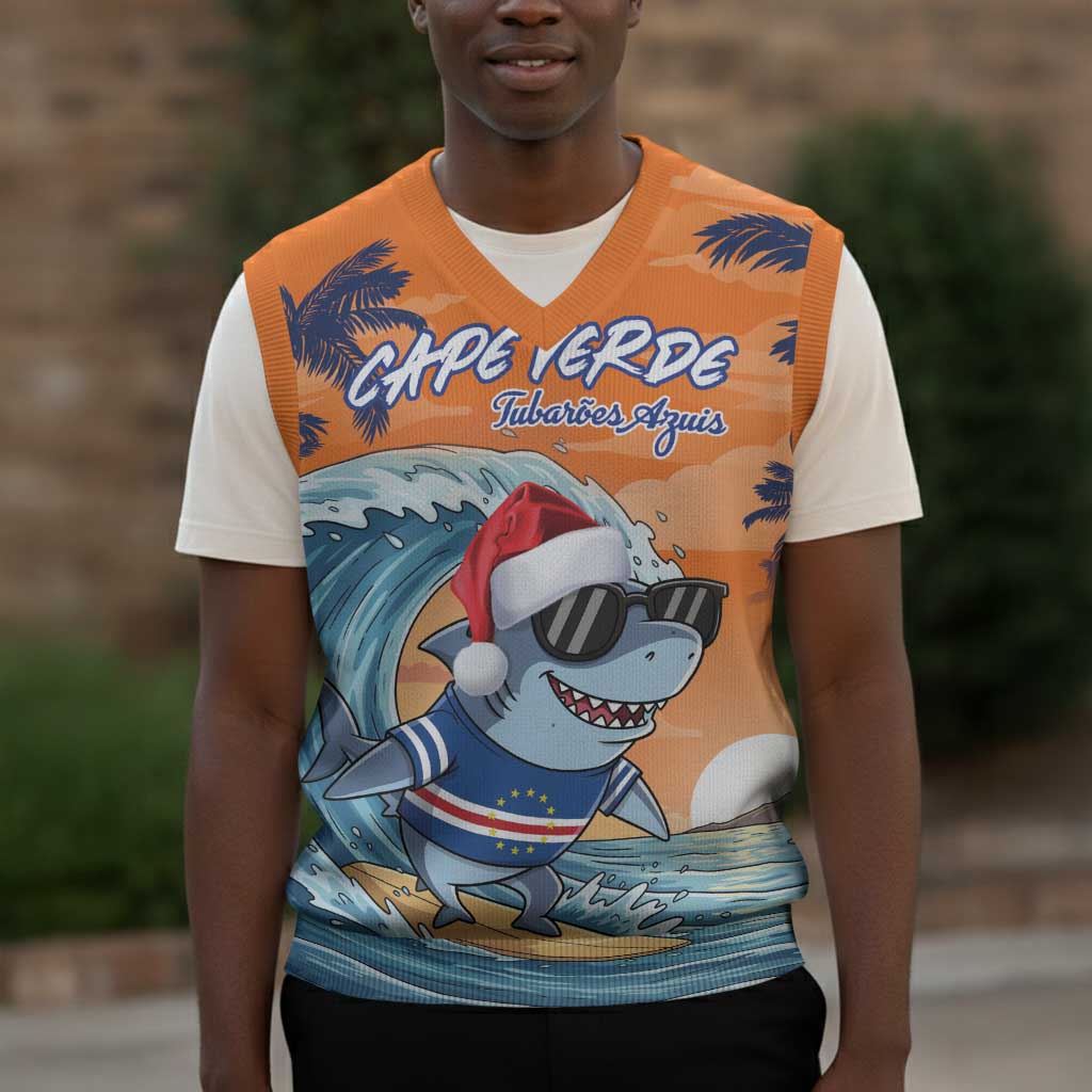Christmas Cape Verde Christmas Knitted V-Neck Vest Funny Shark Surfing - African Pride