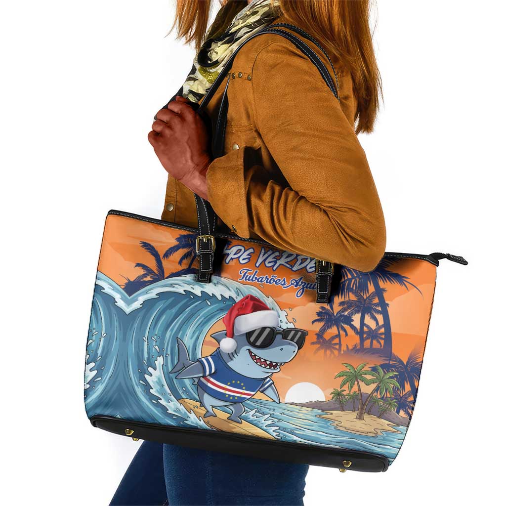 Christmas Cape Verde Leather Tote Bag Funny Shark Surfing - African Pride