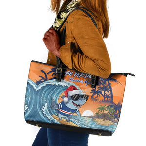 Christmas Cape Verde Leather Tote Bag Funny Shark Surfing - African Pride