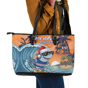 Christmas Cape Verde Leather Tote Bag Funny Shark Surfing - African Pride