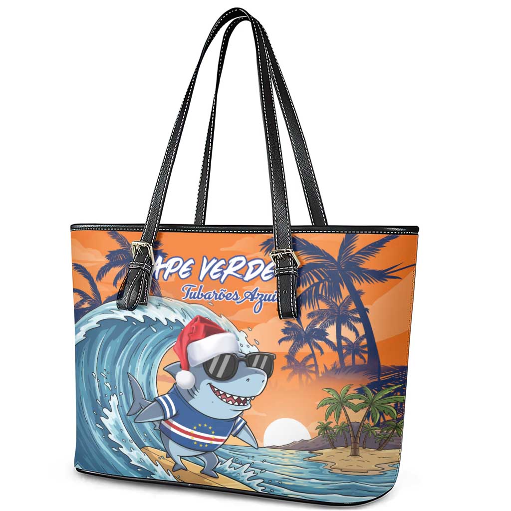 Christmas Cape Verde Leather Tote Bag Funny Shark Surfing - African Pride