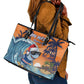 Christmas Cape Verde Leather Tote Bag Funny Shark Surfing - African Pride