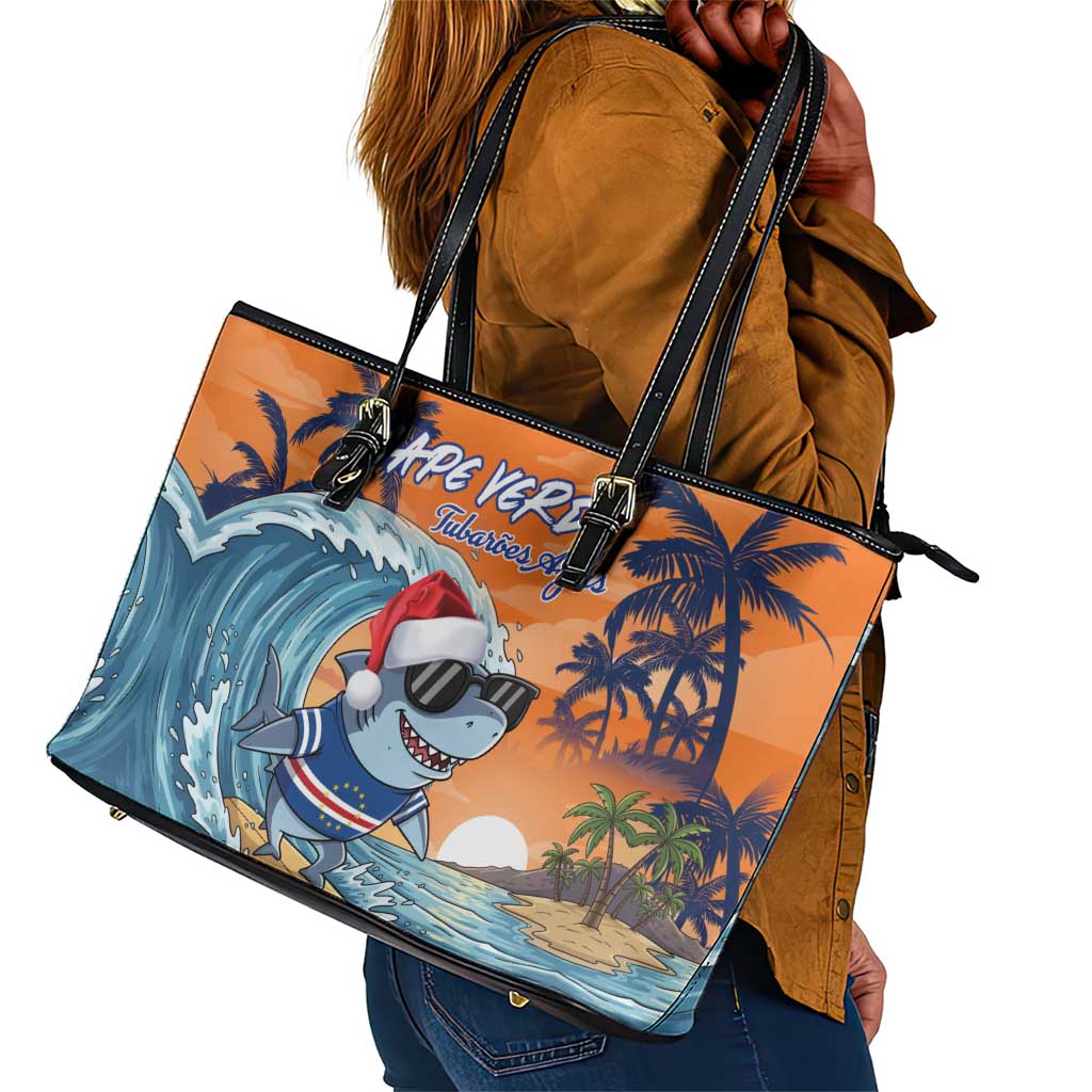 Christmas Cape Verde Leather Tote Bag Funny Shark Surfing - African Pride