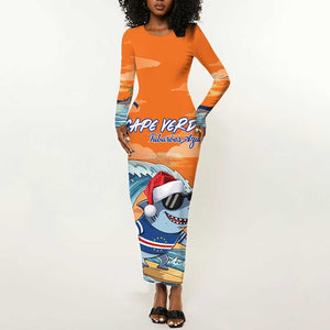 Christmas Cape Verde Long Sleeve Bodycon Dress Funny Shark Surfing - African Pride