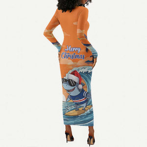 Christmas Cape Verde Long Sleeve Bodycon Dress Funny Shark Surfing - African Pride