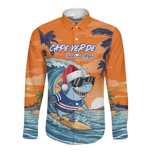 Christmas Cape Verde Long Sleeve Button Shirt Funny Shark Surfing - African Pride