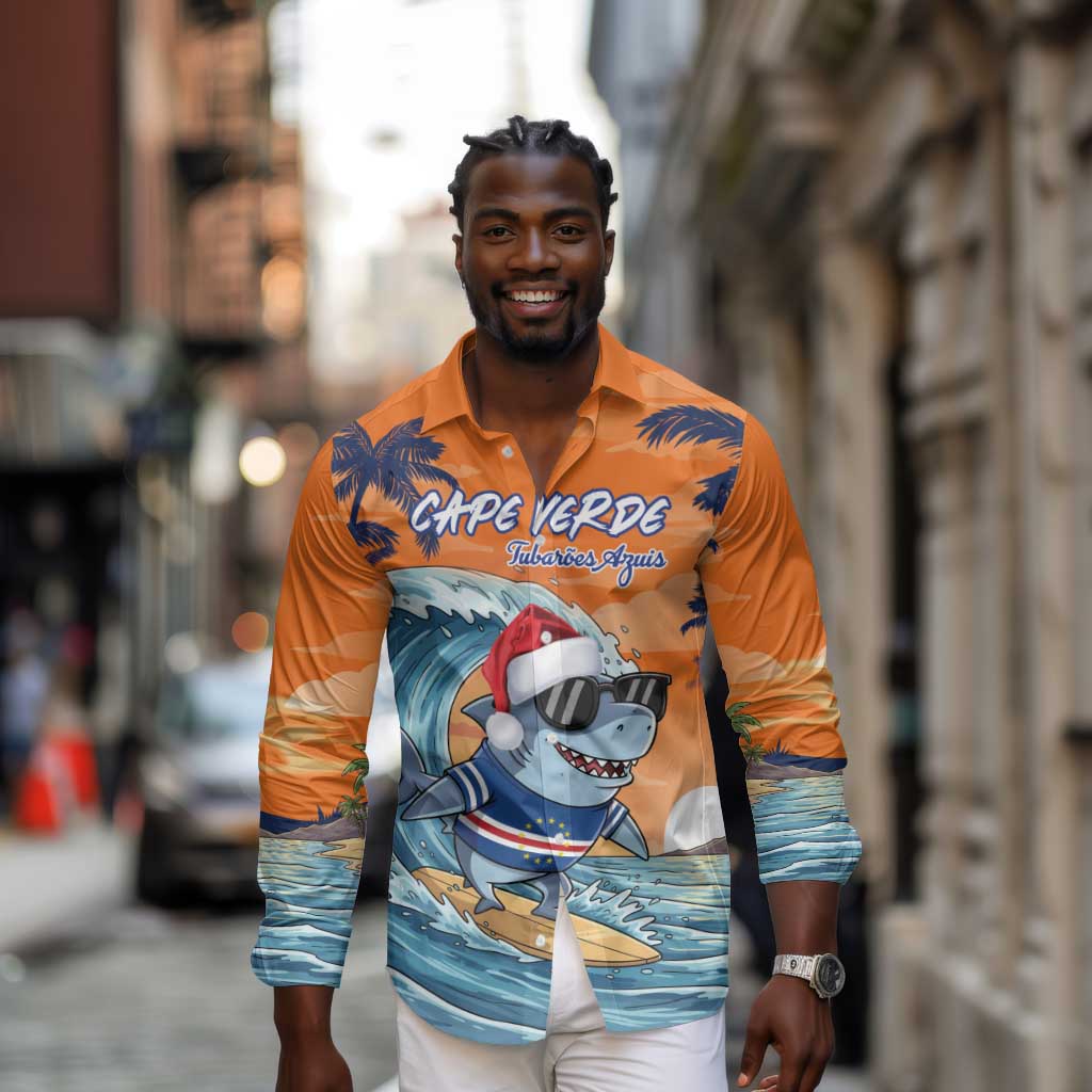 Christmas Cape Verde Long Sleeve Button Shirt Funny Shark Surfing - African Pride