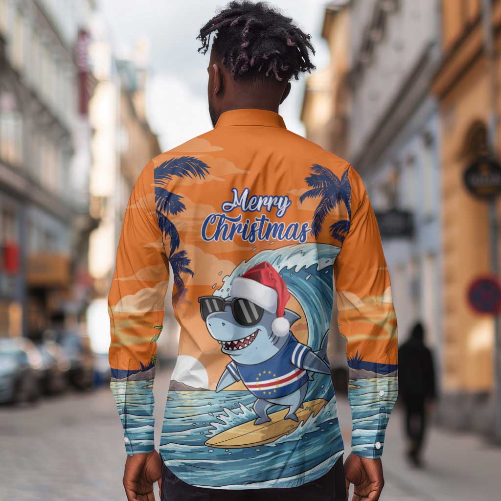 Christmas Cape Verde Long Sleeve Button Shirt Funny Shark Surfing - African Pride