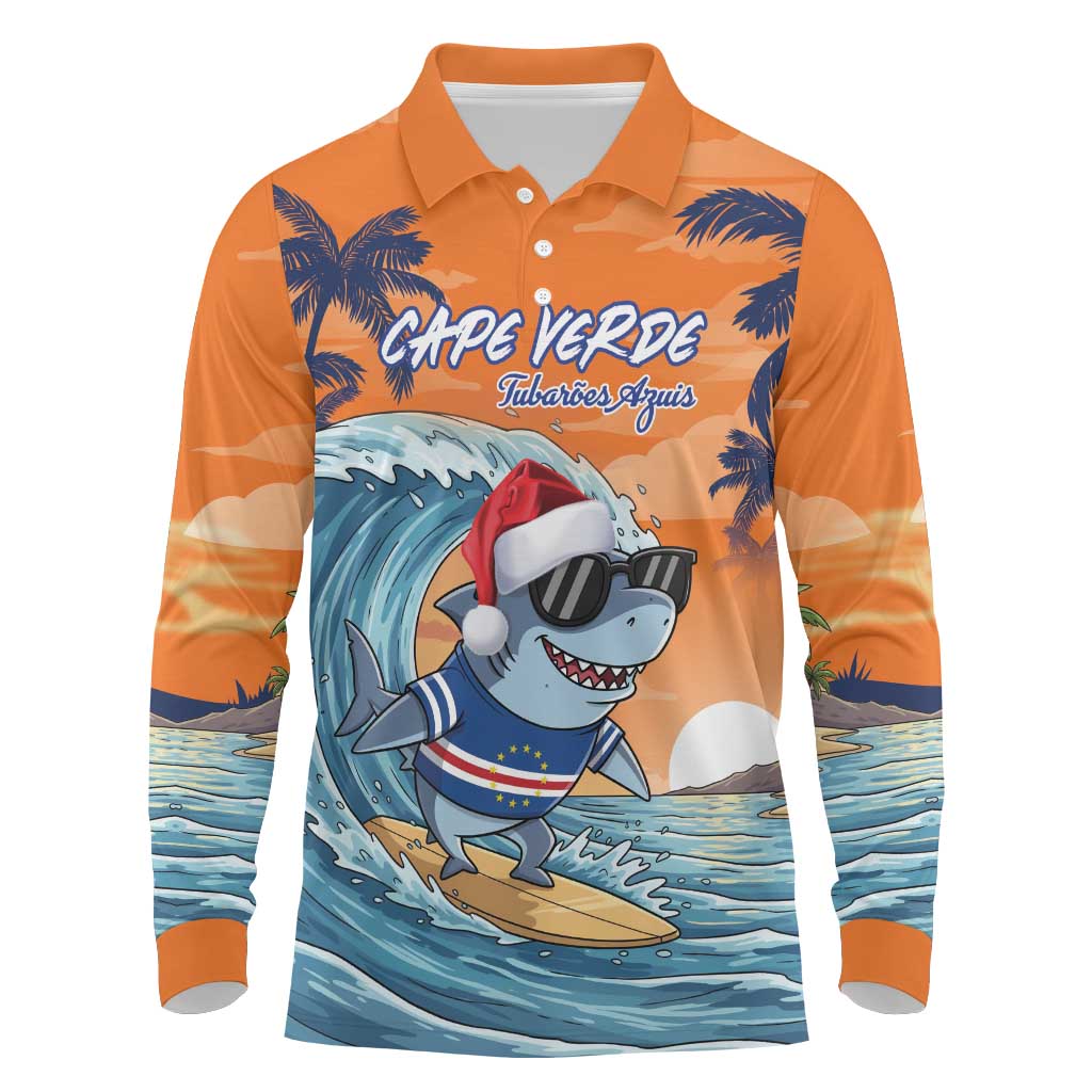 Christmas Cape Verde Long Sleeve Polo Shirt Funny Shark Surfing - African Pride