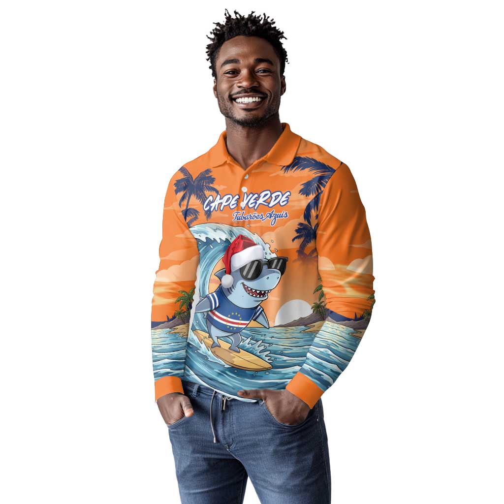 Christmas Cape Verde Long Sleeve Polo Shirt Funny Shark Surfing - African Pride