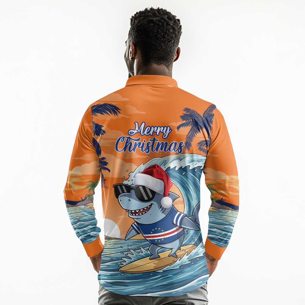 Christmas Cape Verde Long Sleeve Polo Shirt Funny Shark Surfing - African Pride