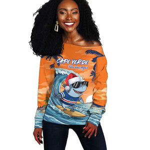 Christmas Cape Verde Off Shoulder Sweater Funny Shark Surfing - African Pride