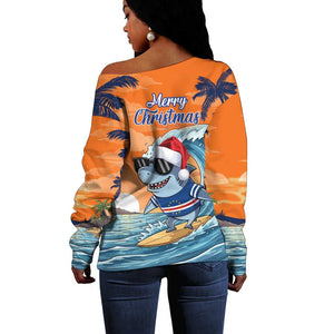 Christmas Cape Verde Off Shoulder Sweater Funny Shark Surfing - African Pride