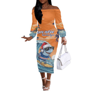 Christmas Cape Verde Off The Shoulder Long Sleeve Dress Funny Shark Surfing - African Pride
