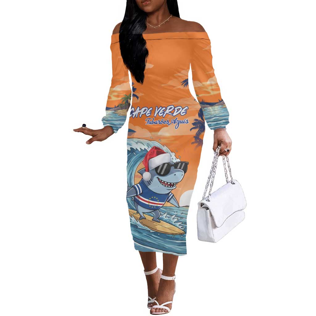 Christmas Cape Verde Off The Shoulder Long Sleeve Dress Funny Shark Surfing - African Pride