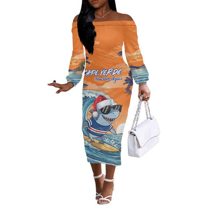 Christmas Cape Verde Off The Shoulder Long Sleeve Dress Funny Shark Surfing - African Pride