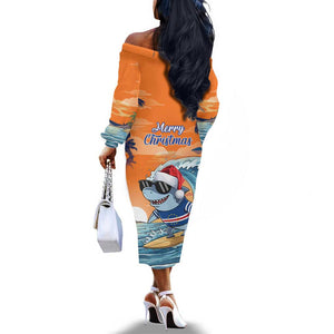 Christmas Cape Verde Off The Shoulder Long Sleeve Dress Funny Shark Surfing - African Pride