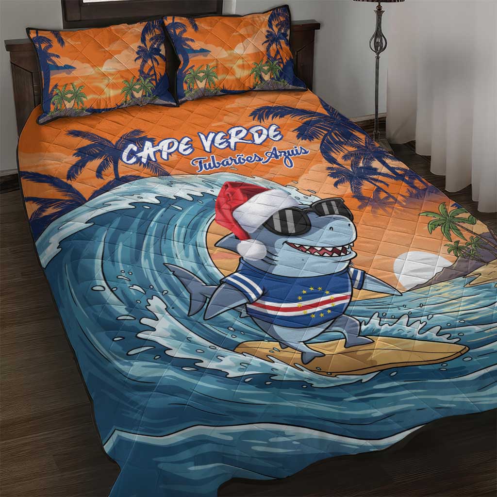 Christmas Cape Verde Quilt Bed Set Funny Shark Surfing - African Pride