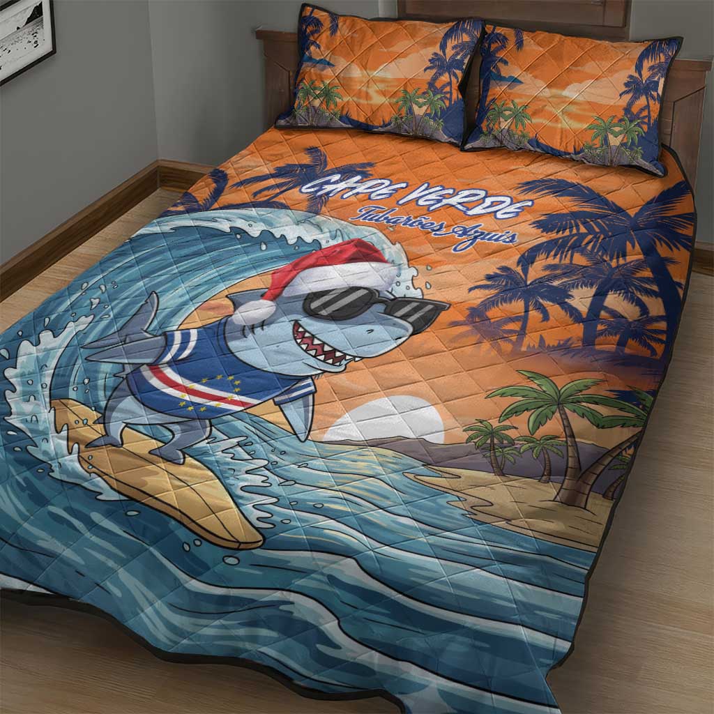 Christmas Cape Verde Quilt Bed Set Funny Shark Surfing - African Pride