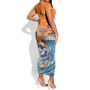 Christmas Cape Verde Short Sleeve Bodycon Dress Funny Shark Surfing - African Pride