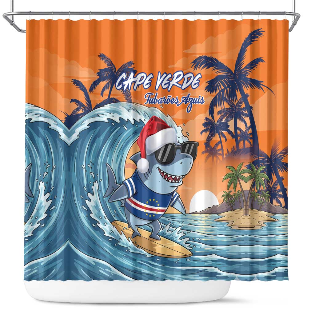 Christmas Cape Verde Shower Curtain Funny Shark Surfing - African Pride