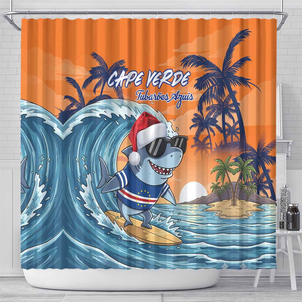 Christmas Cape Verde Shower Curtain Funny Shark Surfing - African Pride