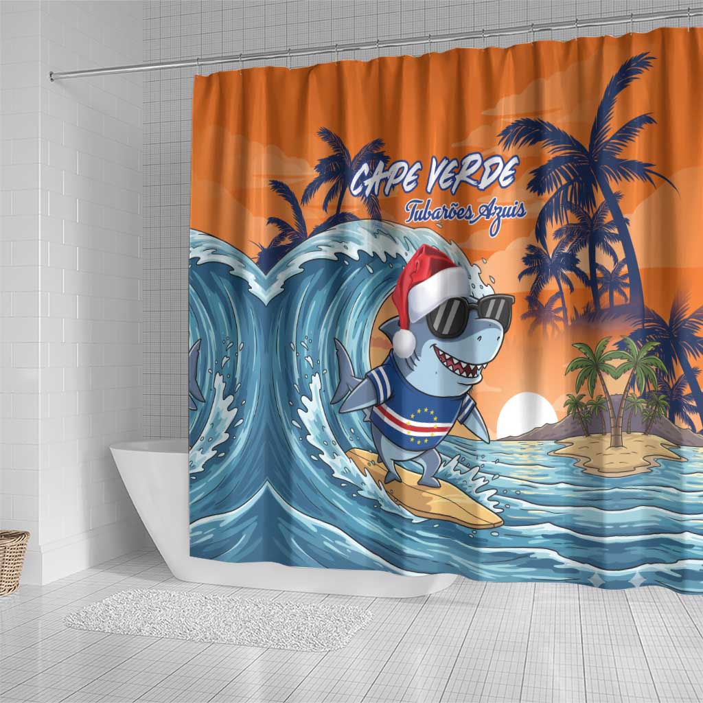 Christmas Cape Verde Shower Curtain Funny Shark Surfing - African Pride