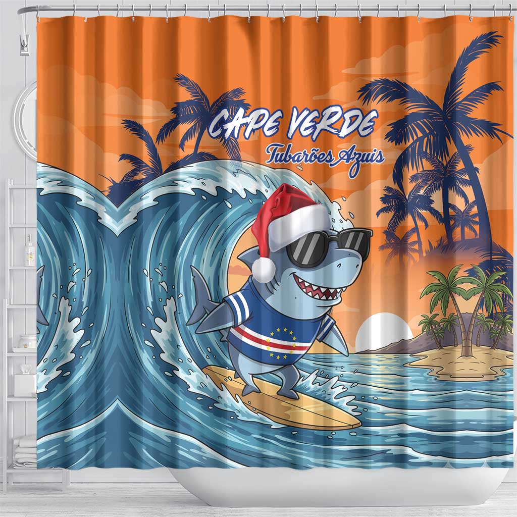 Christmas Cape Verde Shower Curtain Funny Shark Surfing - African Pride