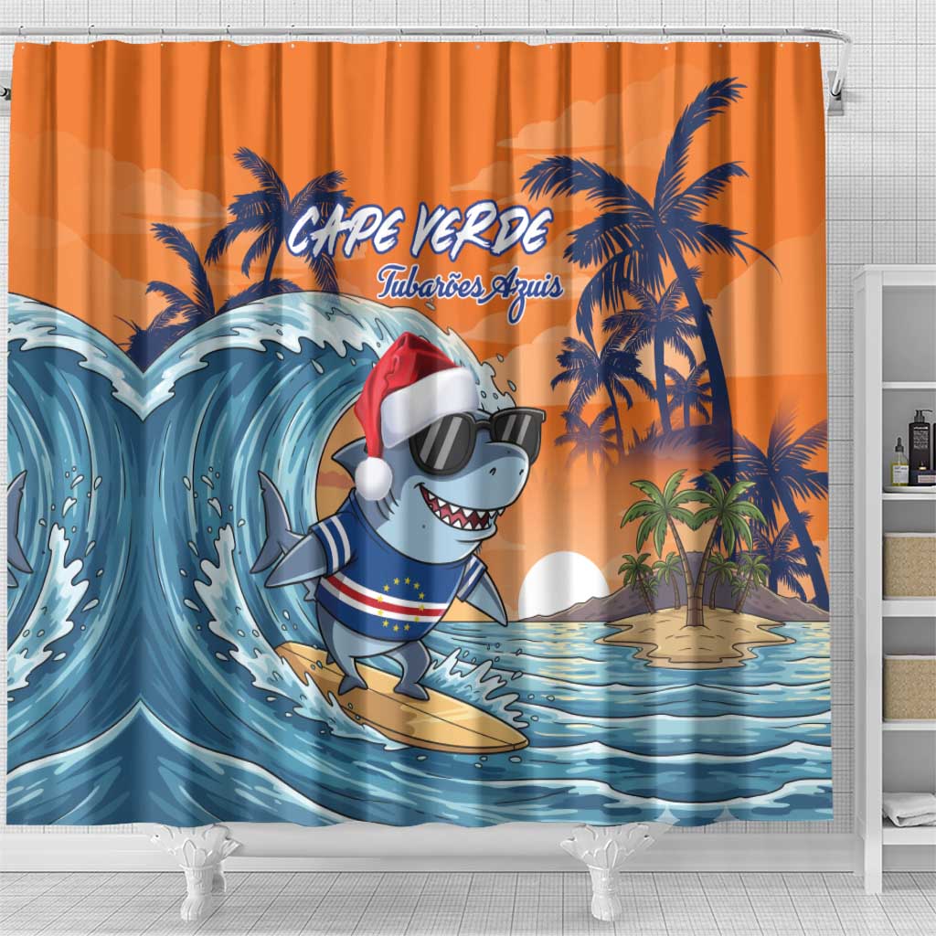Christmas Cape Verde Shower Curtain Funny Shark Surfing - African Pride