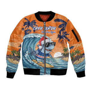Christmas Cape Verde Sleeve Zip Bomber Jacket Funny Shark Surfing - African Pride