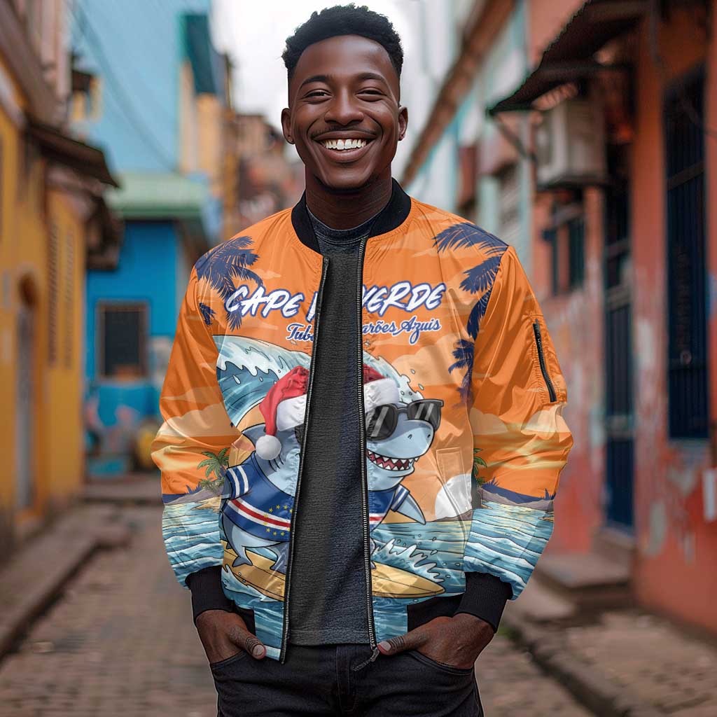 Christmas Cape Verde Sleeve Zip Bomber Jacket Funny Shark Surfing - African Pride