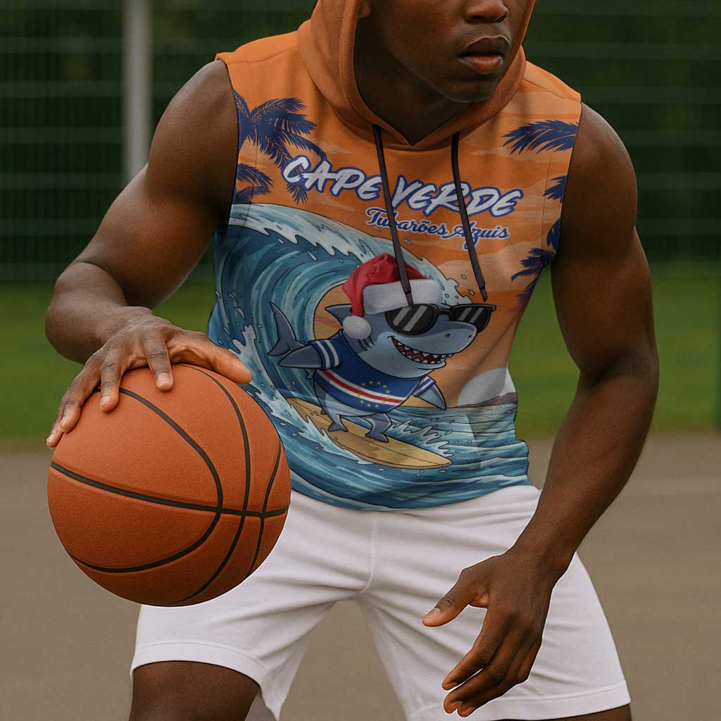Christmas Cape Verde Sleeveless Hoodie Funny Shark Surfing - African Pride