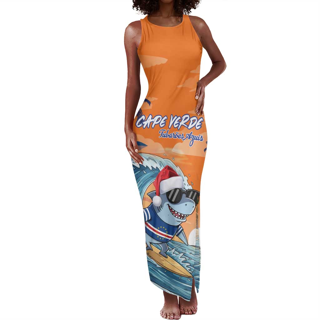 Christmas Cape Verde Tank Maxi Dress Funny Shark Surfing - African Pride