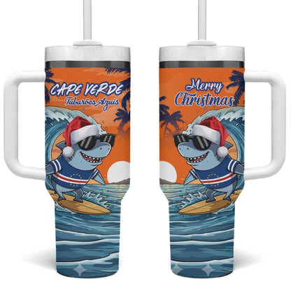 Christmas Cape Verde Tumbler With Handle Funny Shark Surfing - African Pride