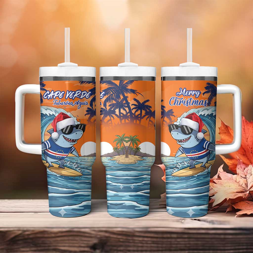Christmas Cape Verde Tumbler With Handle Funny Shark Surfing - African Pride