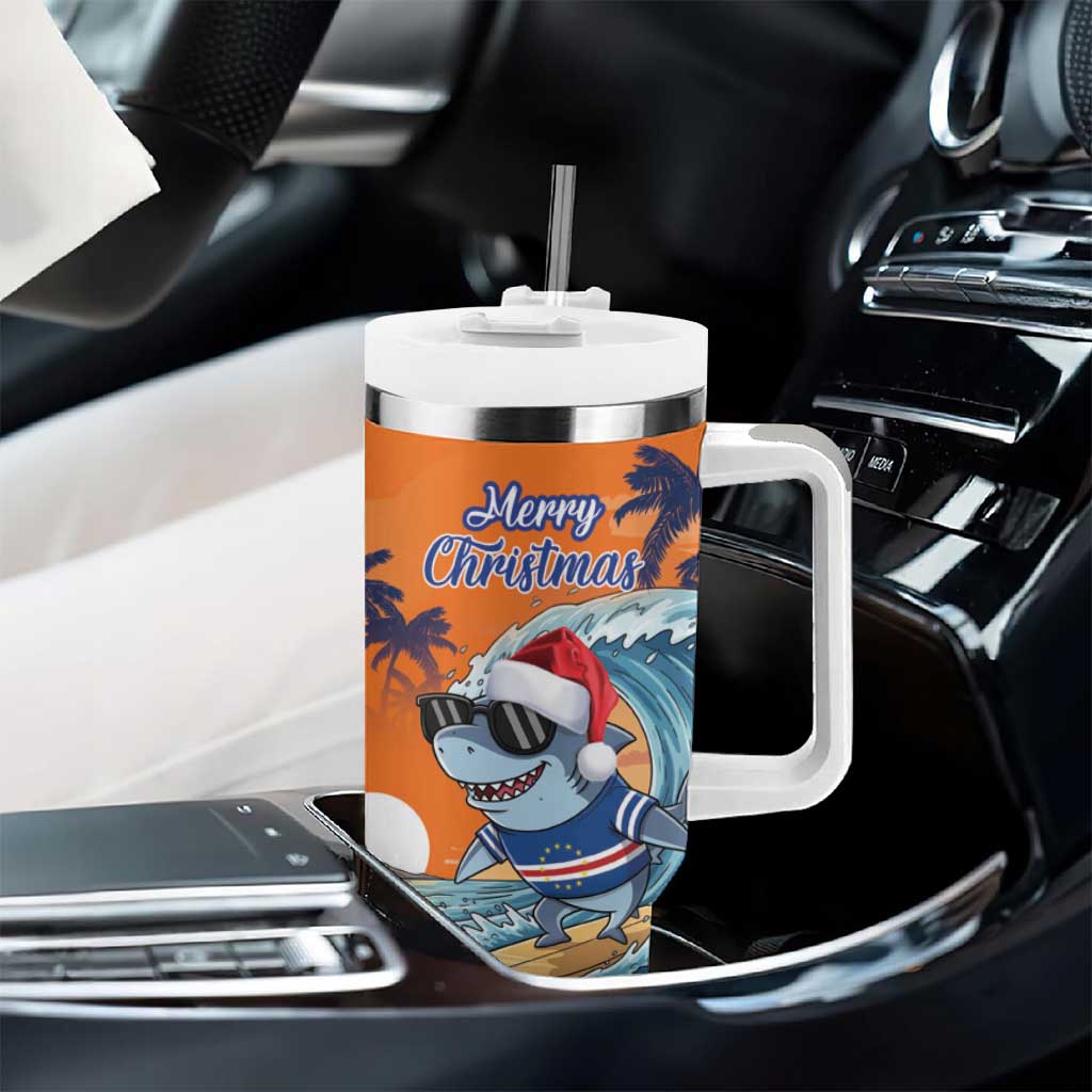 Christmas Cape Verde Tumbler With Handle Funny Shark Surfing - African Pride