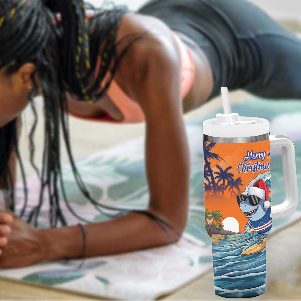 Christmas Cape Verde Tumbler With Handle Funny Shark Surfing - African Pride