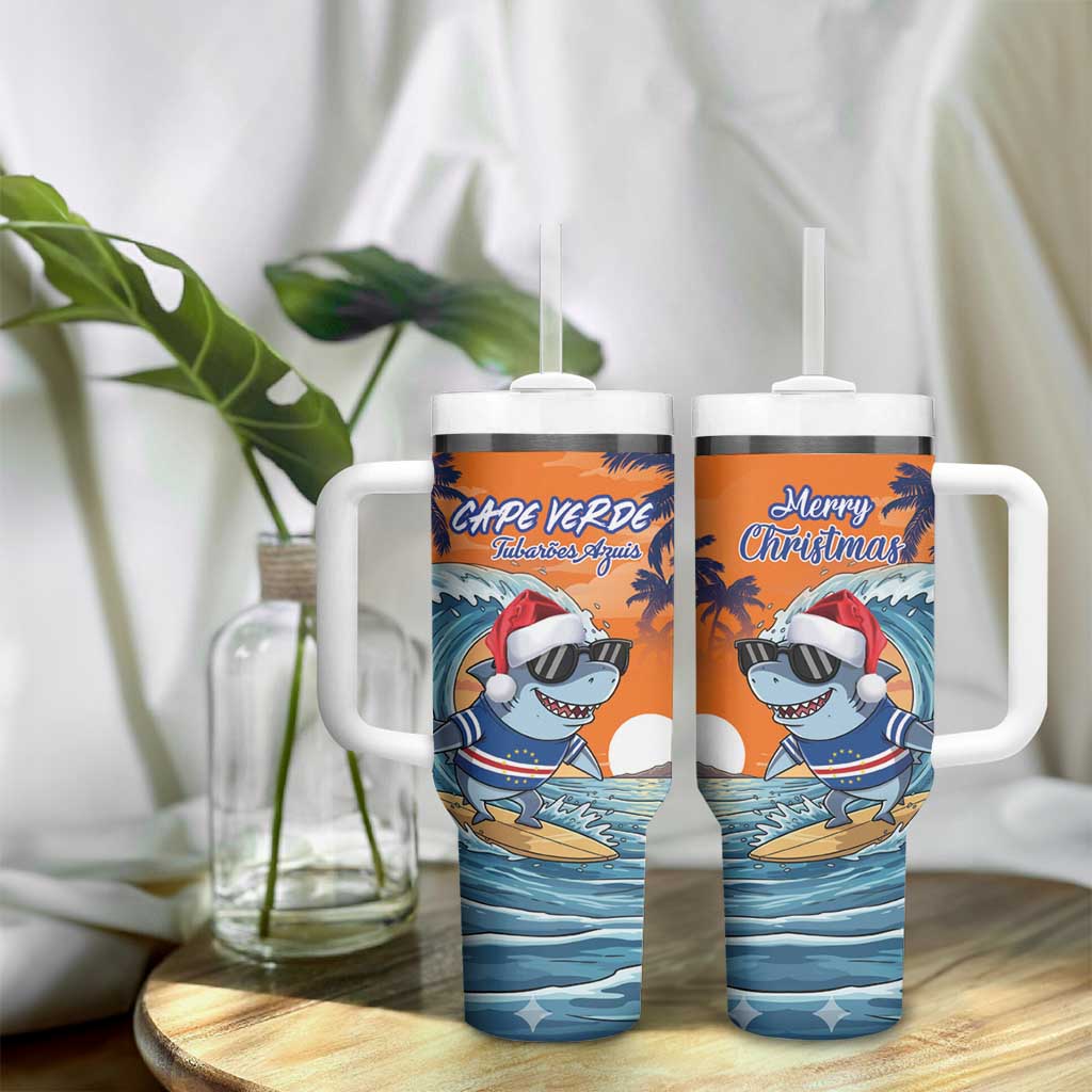 Christmas Cape Verde Tumbler With Handle Funny Shark Surfing - African Pride