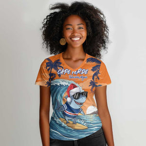 Christmas Cape Verde Women V-Neck T-Shirt Funny Shark Surfing - African Pride