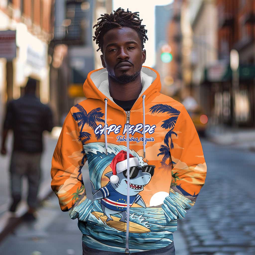 Christmas Cape Verde Zip Hoodie Funny Shark Surfing - African Pride
