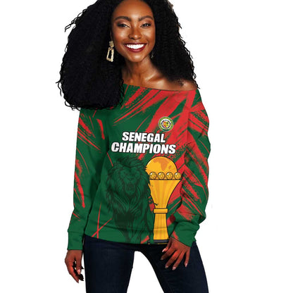 Custom Senegal Champions Football Off Shoulder Sweater Lions of Teranga Rise Again