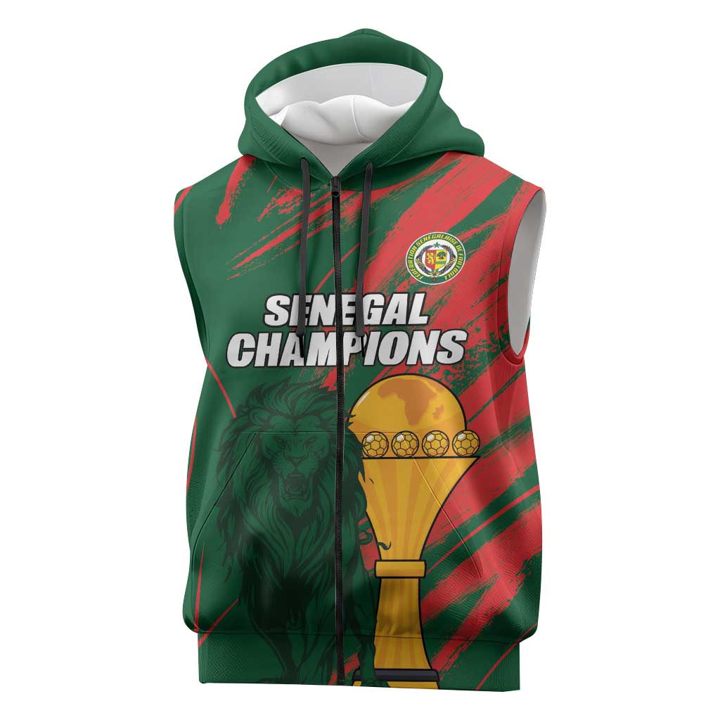 Custom Senegal Champions Football Sleeveless Zip Hoodie Lions of Teranga Rise Again