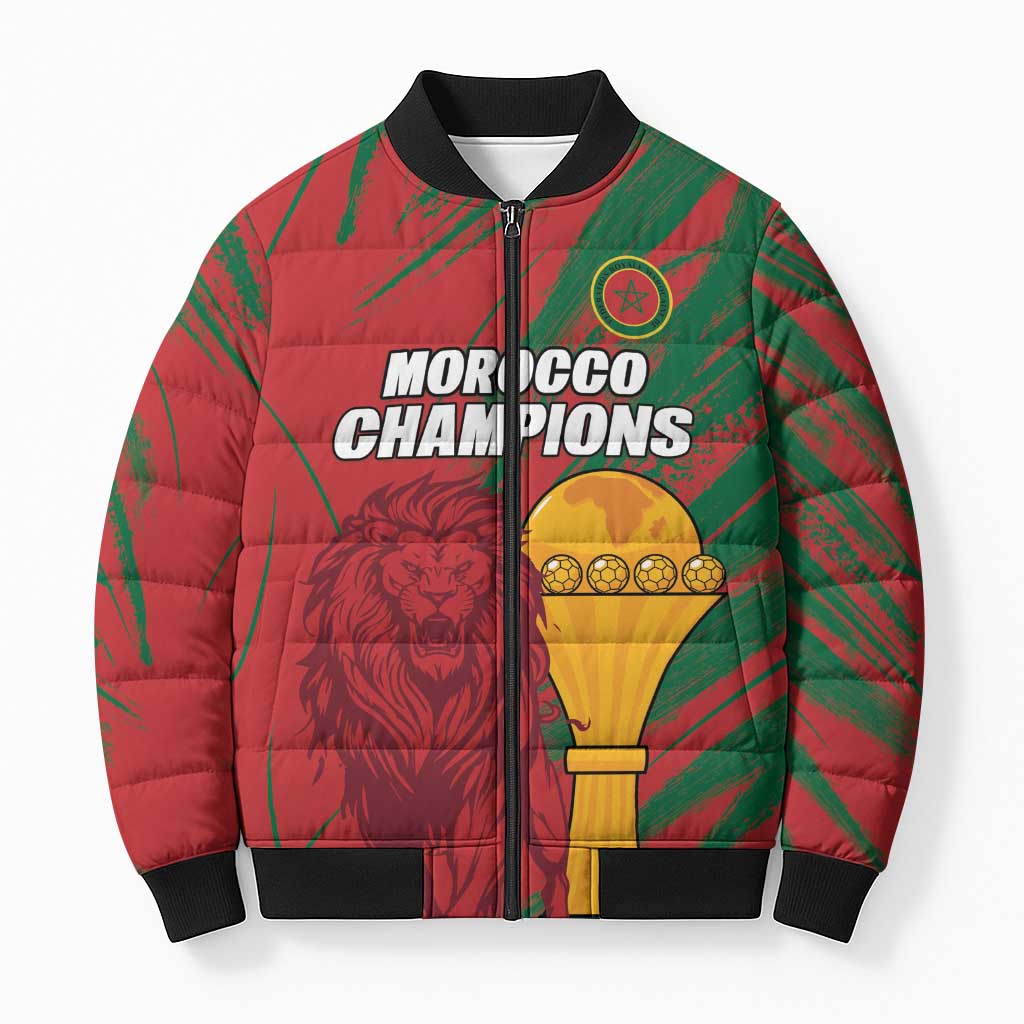 Custom Morocco Champions Football Bomber Puffer Jacket Atlas Lions Grunge Motif
