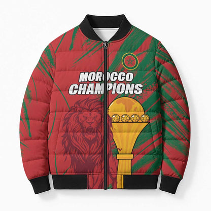 Custom Morocco Champions Football Bomber Puffer Jacket Atlas Lions Grunge Motif