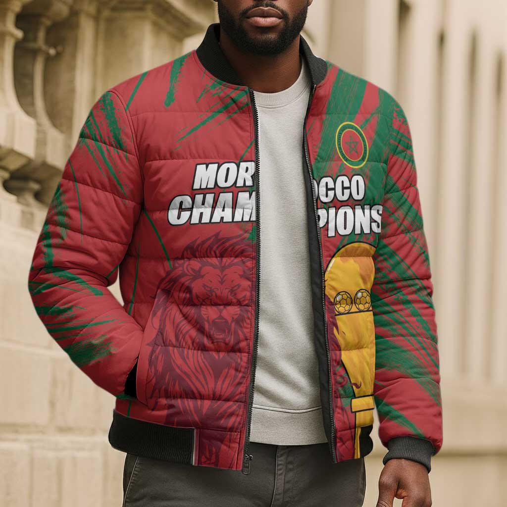 Custom Morocco Champions Football Bomber Puffer Jacket Atlas Lions Grunge Motif