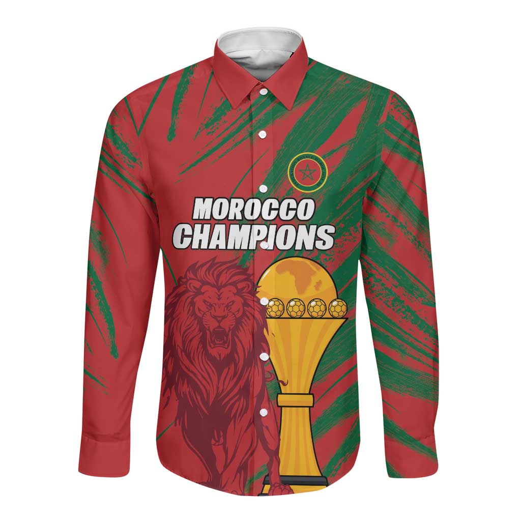 Custom Morocco Champions Football Long Sleeve Button Shirt Atlas Lions Grunge Motif