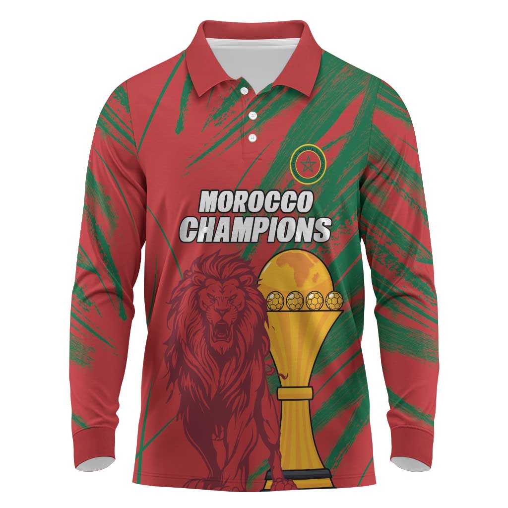 Custom Morocco Champions Football Long Sleeve Polo Shirt Atlas Lions Grunge Motif