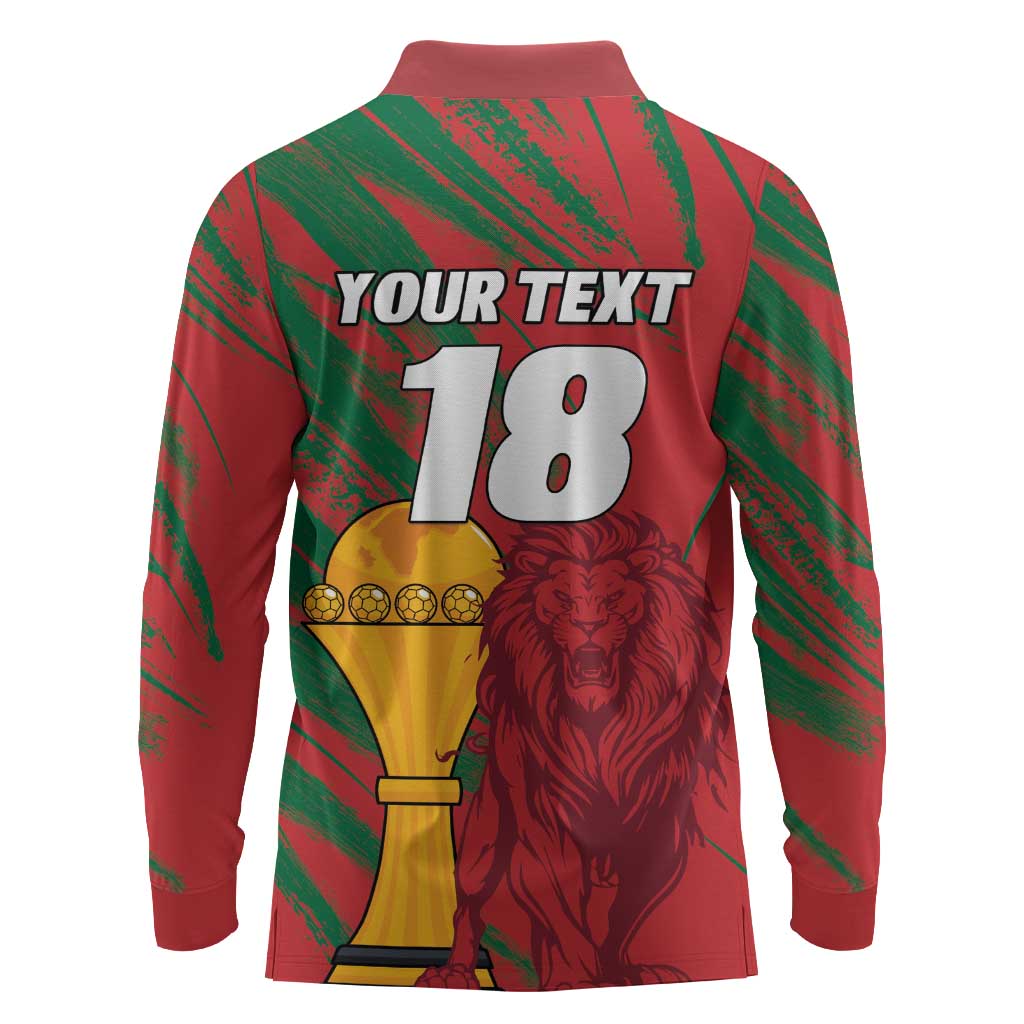 Custom Morocco Champions Football Long Sleeve Polo Shirt Atlas Lions Grunge Motif